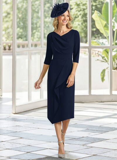 Asymmetrical 3/4 Sleeves Knee-Length Elastic Satin Mother Of The Bride Dresses