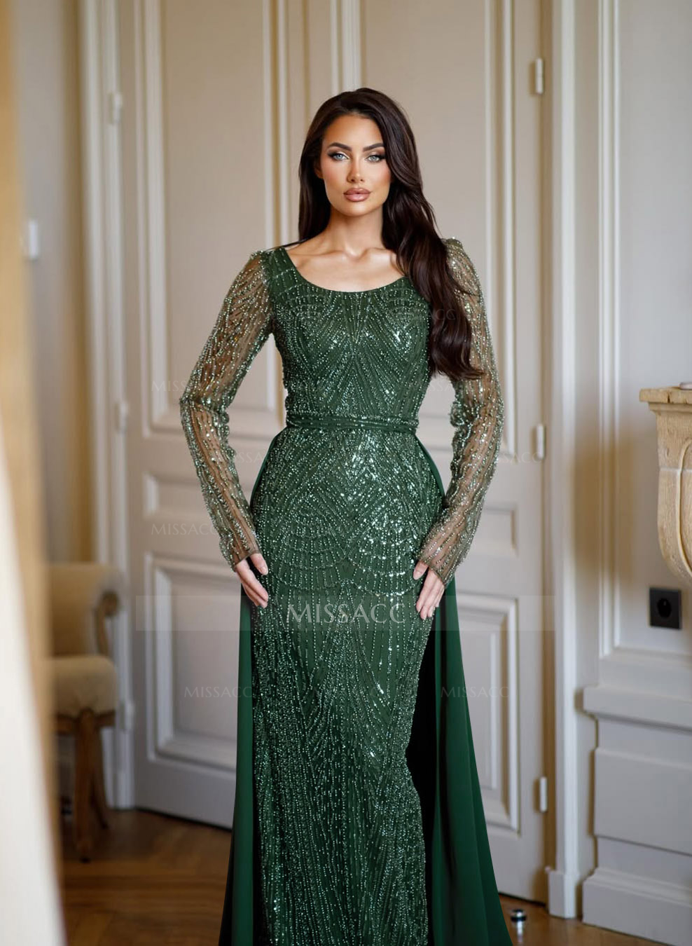 Sheath/Column Scoop Neck Long Sleeves Sweep Train Satin/Lace Mother Of The Bride Dresses With Overskirt Dress