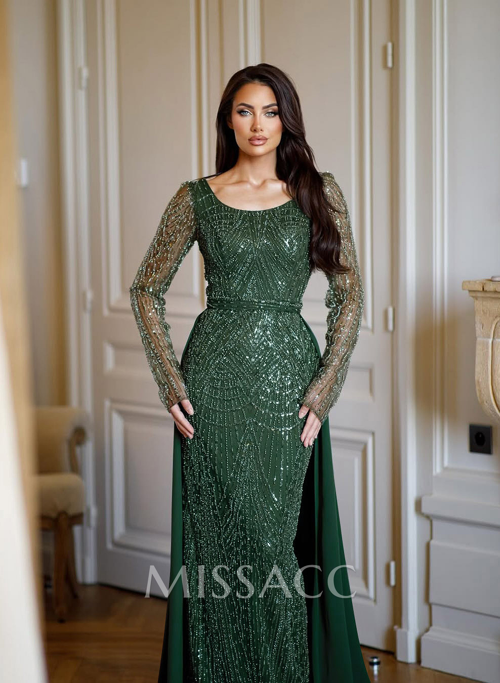 Sheath/Column Scoop Neck Long Sleeves Sweep Train Elastic Satin/Lace Mother Of The Bride Dresses With Overskirt Dress