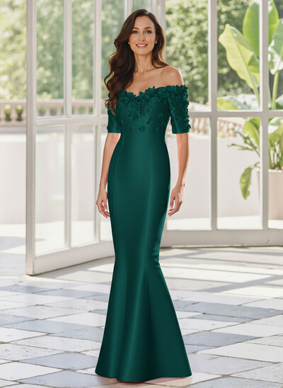 Trumpet/Mermaid Off-The-Shoulder 1/2 Sleeves Floor-Length Satin Mother Of The Bride Dresses With Flower(s)