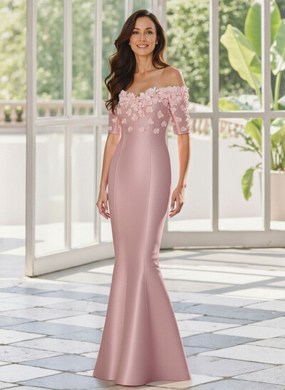 Trumpet/Mermaid Off-The-Shoulder 1/2 Sleeves Floor-Length Satin Mother Of The Bride Dresses With Flower(s)