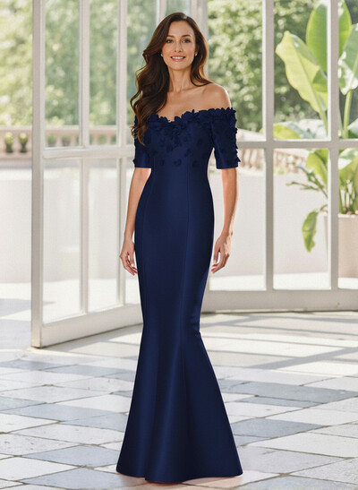 Trumpet/Mermaid Off-The-Shoulder 1/2 Sleeves Floor-Length Satin Mother Of The Bride Dresses With Flower(s)