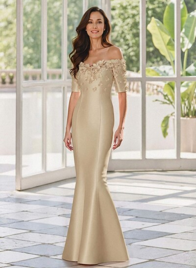 Trumpet/Mermaid Off-The-Shoulder 1/2 Sleeves Floor-Length Satin Mother Of The Bride Dresses With Flower(s)