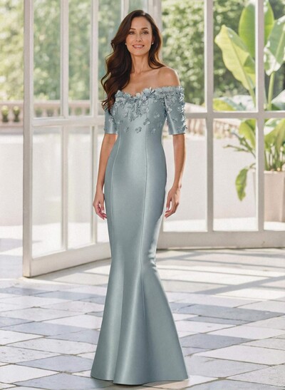 Trumpet/Mermaid Off-The-Shoulder 1/2 Sleeves Floor-Length Satin Mother Of The Bride Dresses With Flower(s)