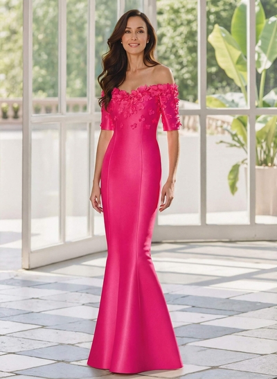 Trumpet/Mermaid Off-The-Shoulder 1/2 Sleeves Floor-Length Satin Mother Of The Bride Dresses With Flower(s)