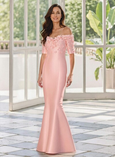 Trumpet/Mermaid Off-The-Shoulder 1/2 Sleeves Floor-Length Satin Mother Of The Bride Dresses With Flower(s)