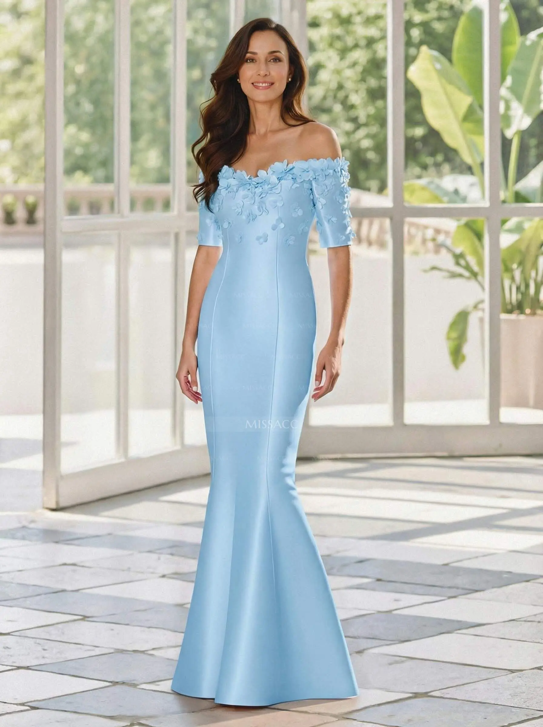 Missacc Mist Mother Of The Bride Dresses Trumpet/Mermaid Off-The-Shoulder 1/2 Sleeves Floor-Length Satin Mother Of The Bride Dresses With Flower(s)