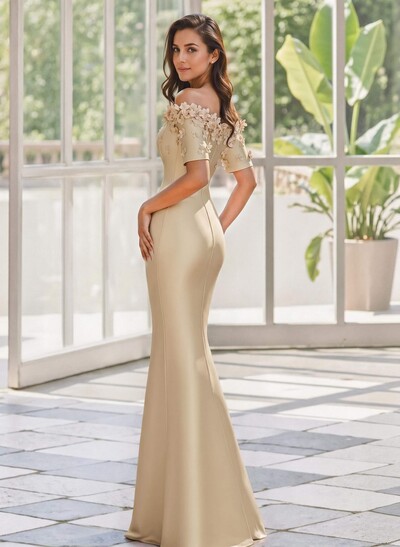 Trumpet/Mermaid Off-The-Shoulder 1/2 Sleeves Floor-Length Satin Mother Of The Bride Dresses With Flower(s)