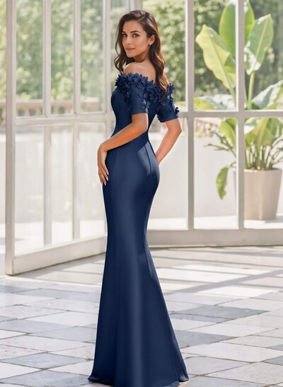 Trumpet/Mermaid Off-The-Shoulder 1/2 Sleeves Floor-Length Satin Mother Of The Bride Dresses With Flower(s)