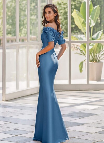 Trumpet/Mermaid Off-The-Shoulder 1/2 Sleeves Floor-Length Satin Mother Of The Bride Dresses With Flower(s)