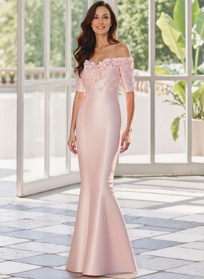 Trumpet/Mermaid Off-The-Shoulder 1/2 Sleeves Floor-Length Satin Mother Of The Bride Dresses With Flower(s)