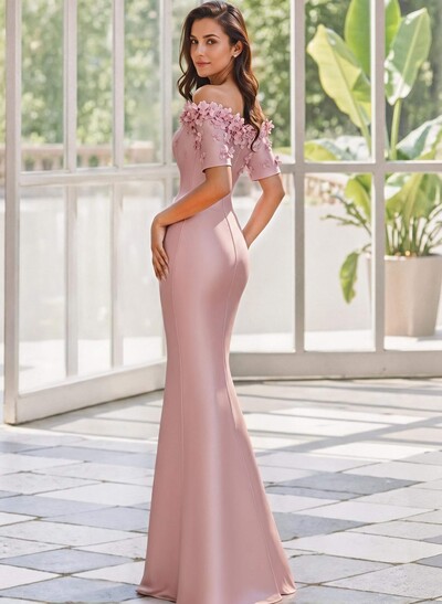 Trumpet/Mermaid Off-The-Shoulder 1/2 Sleeves Floor-Length Satin Mother Of The Bride Dresses With Flower(s)