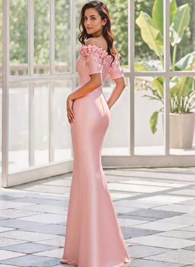 Trumpet/Mermaid Off-The-Shoulder 1/2 Sleeves Floor-Length Satin Mother Of The Bride Dresses With Flower(s)