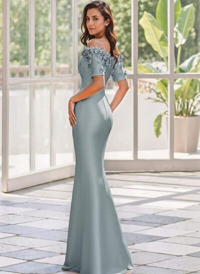 Trumpet/Mermaid Off-The-Shoulder 1/2 Sleeves Floor-Length Satin Mother Of The Bride Dresses With Flower(s)