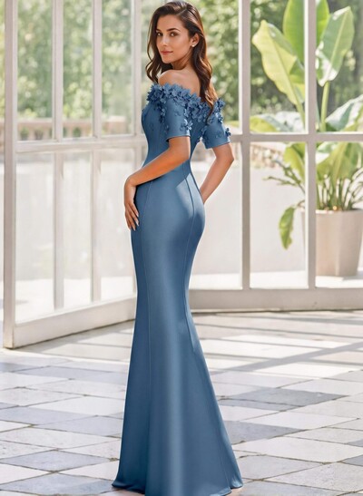 Trumpet/Mermaid Off-The-Shoulder 1/2 Sleeves Floor-Length Satin Mother Of The Bride Dresses With Flower(s)