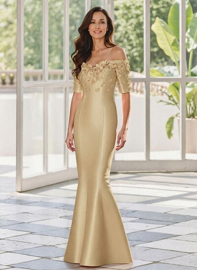 Trumpet/Mermaid Off-The-Shoulder 1/2 Sleeves Floor-Length Satin Mother Of The Bride Dresses With Flower(s)