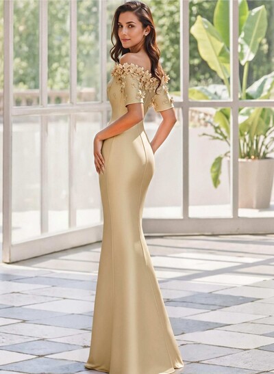 Trumpet/Mermaid Off-The-Shoulder 1/2 Sleeves Floor-Length Satin Mother Of The Bride Dresses With Flower(s)