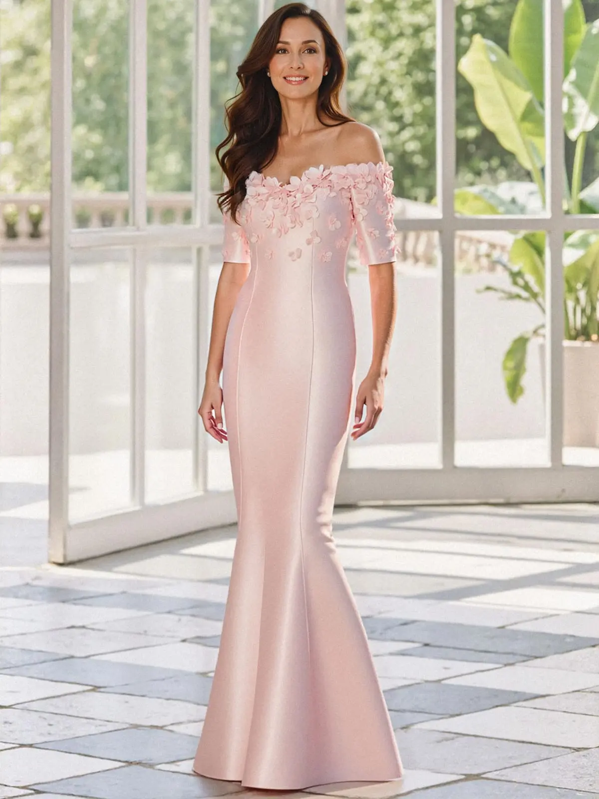 Trumpet/Mermaid Off-The-Shoulder 1/2 Sleeves Floor-Length Satin Mother Of The Bride Dresses With Flower(s)