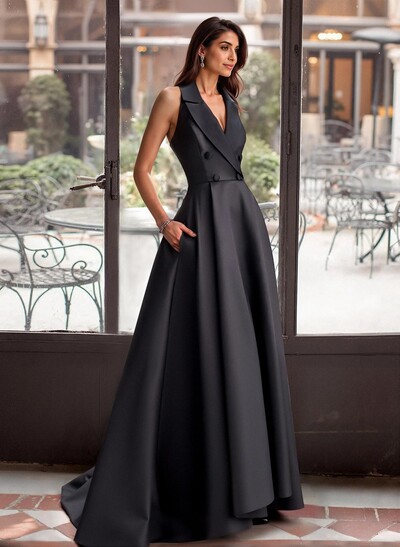 A-Line V-Neck Sleeveless Sweep Train Satin Mother Of The Bride Dresses With High Split