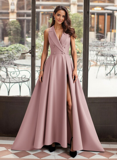 A-Line V-Neck Sleeveless Sweep Train Satin Mother Of The Bride Dresses With High Split