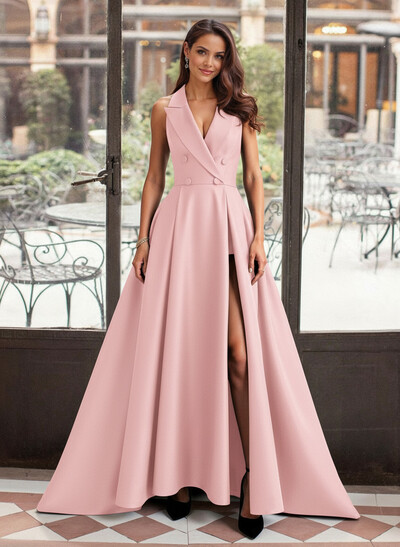 A-Line V-Neck Sleeveless Sweep Train Satin Mother Of The Bride Dresses With High Split