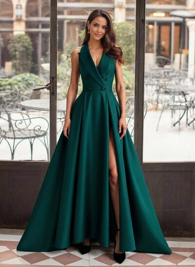 A-Line V-Neck Sleeveless Sweep Train Satin Mother Of The Bride Dresses With High Split