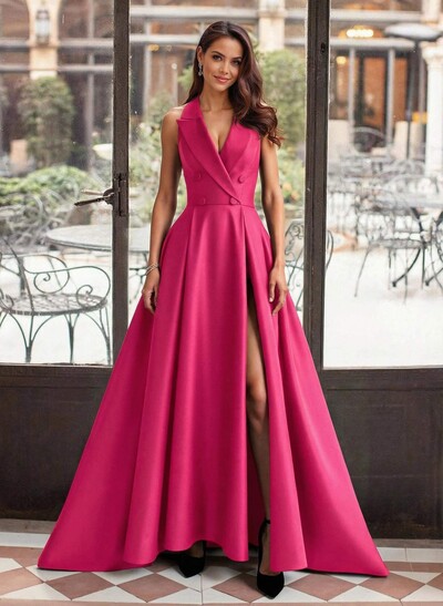 A-Line V-Neck Sleeveless Sweep Train Satin Mother Of The Bride Dresses With High Split