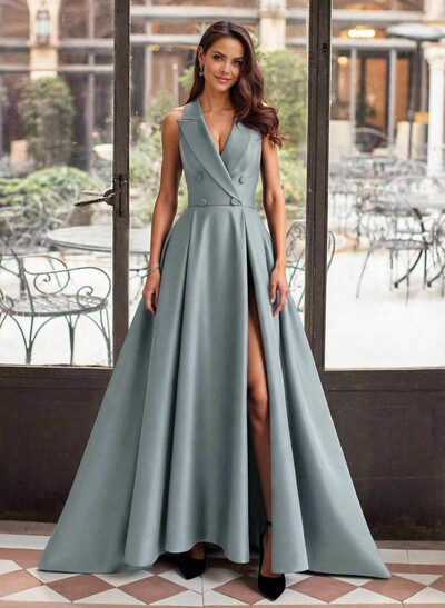 A-Line V-Neck Sleeveless Sweep Train Satin Mother Of The Bride Dresses With High Split