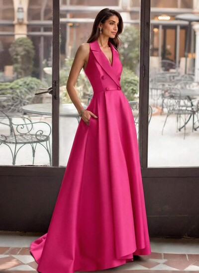 A-Line V-Neck Sleeveless Sweep Train Satin Mother Of The Bride Dresses With High Split