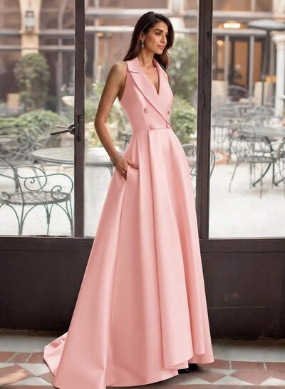 A-Line V-Neck Sleeveless Sweep Train Satin Mother Of The Bride Dresses With High Split