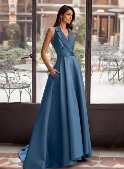 A-Line V-Neck Sleeveless Sweep Train Satin Mother Of The Bride Dresses With High Split