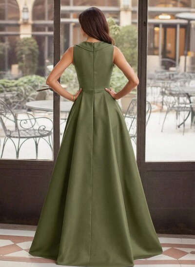 A-Line V-Neck Sleeveless Sweep Train Satin Evening Dresses With High Split