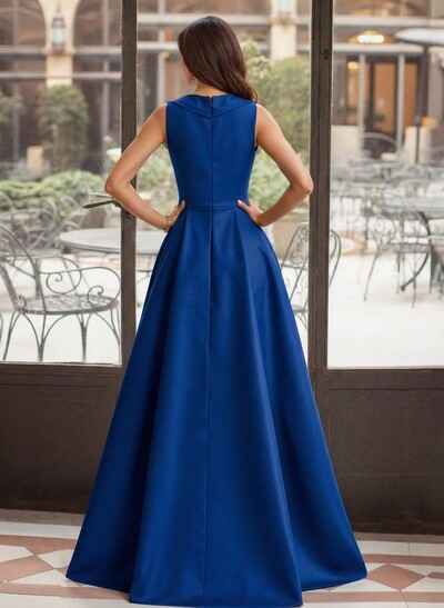 A-Line V-Neck Sleeveless Sweep Train Satin Mother Of The Bride Dresses With High Split