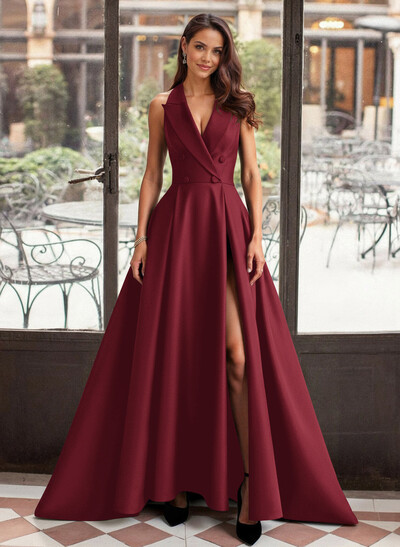 A-Line V-Neck Sleeveless Sweep Train Satin Evening Dresses With High Split