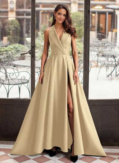 A-Line V-Neck Sleeveless Sweep Train Satin Mother Of The Bride Dresses With High Split