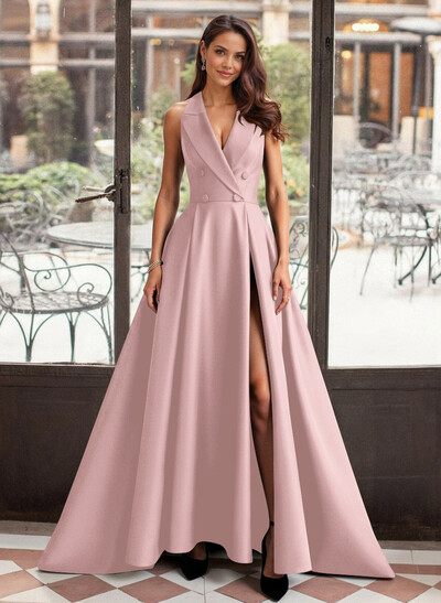 A-Line V-Neck Sleeveless Sweep Train Satin Mother Of The Bride Dresses With High Split