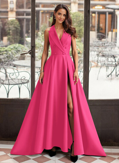 A-Line V-Neck Sleeveless Sweep Train Satin Mother Of The Bride Dresses With High Split