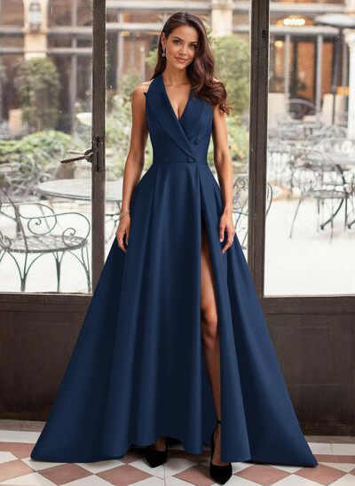 A-Line V-Neck Sleeveless Sweep Train Satin Mother Of The Bride Dresses With High Split