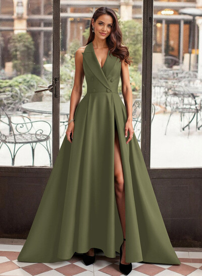 A-Line V-Neck Sleeveless Sweep Train Satin Evening Dresses With High Split