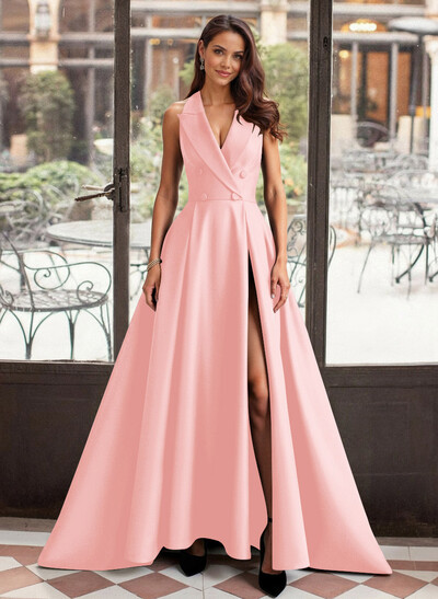 A-Line V-Neck Sleeveless Sweep Train Satin Mother Of The Bride Dresses With High Split