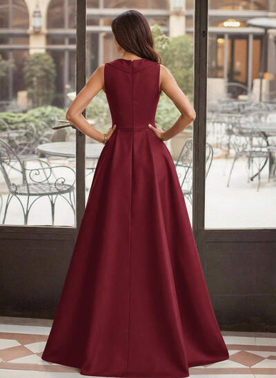 A-Line V-Neck Sleeveless Sweep Train Satin Evening Dresses With High Split