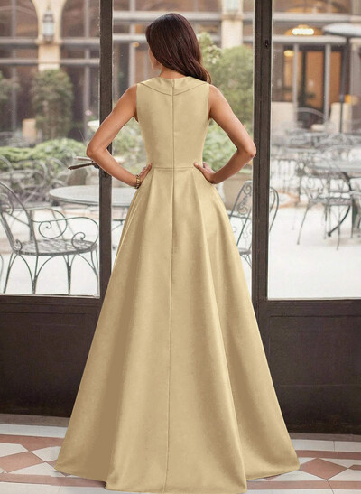 A-Line V-Neck Sleeveless Sweep Train Satin Mother Of The Bride Dresses With High Split