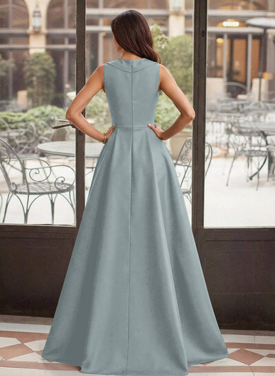A-Line V-Neck Sleeveless Sweep Train Satin Mother Of The Bride Dresses With High Split