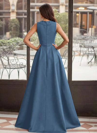 A-Line V-Neck Sleeveless Sweep Train Satin Mother Of The Bride Dresses With High Split