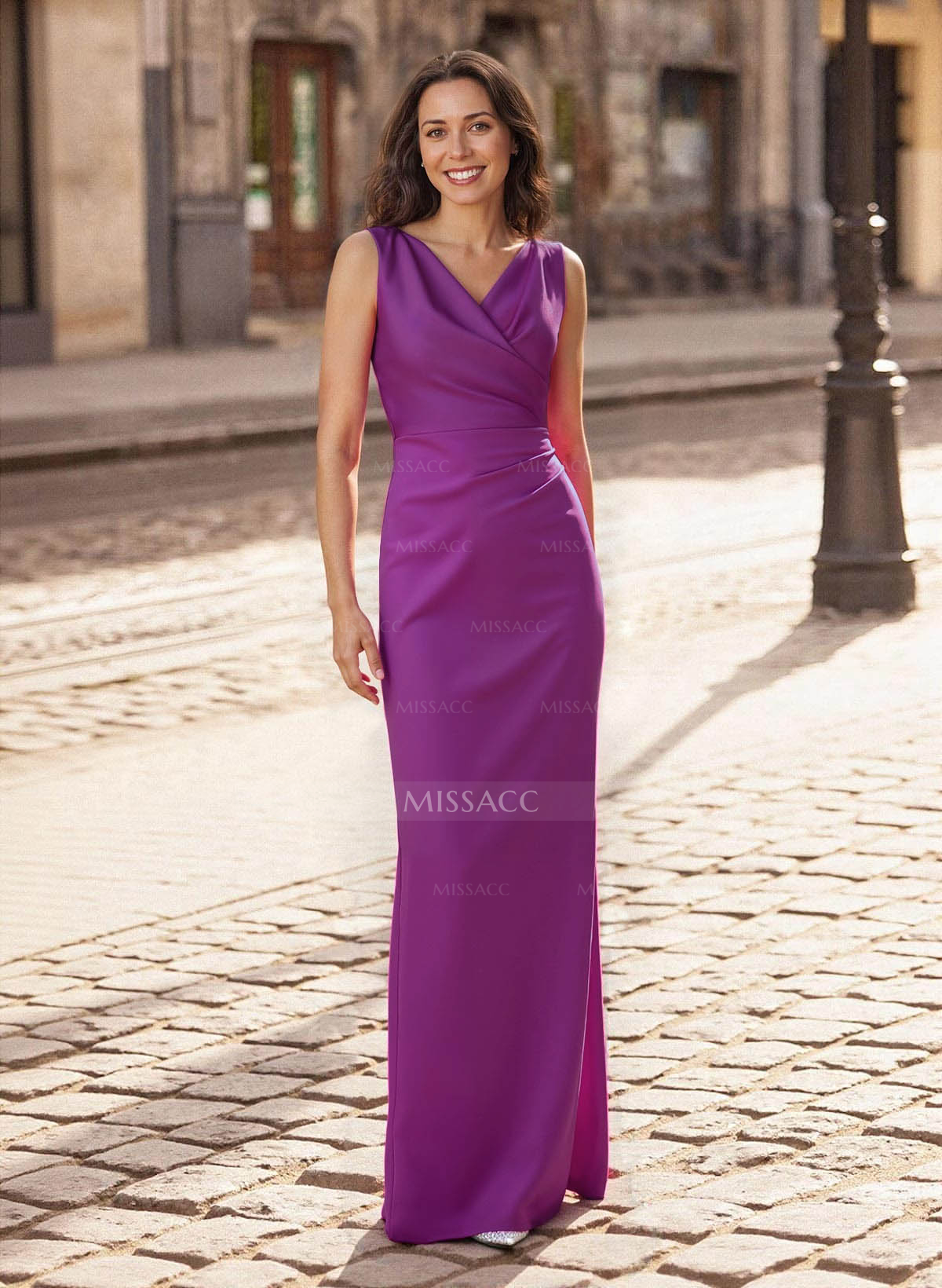 Sheath/Column V-Neck Sleeveless Floor-Length Crepe Satin Mother Of The Bride Dresses With Back Slit