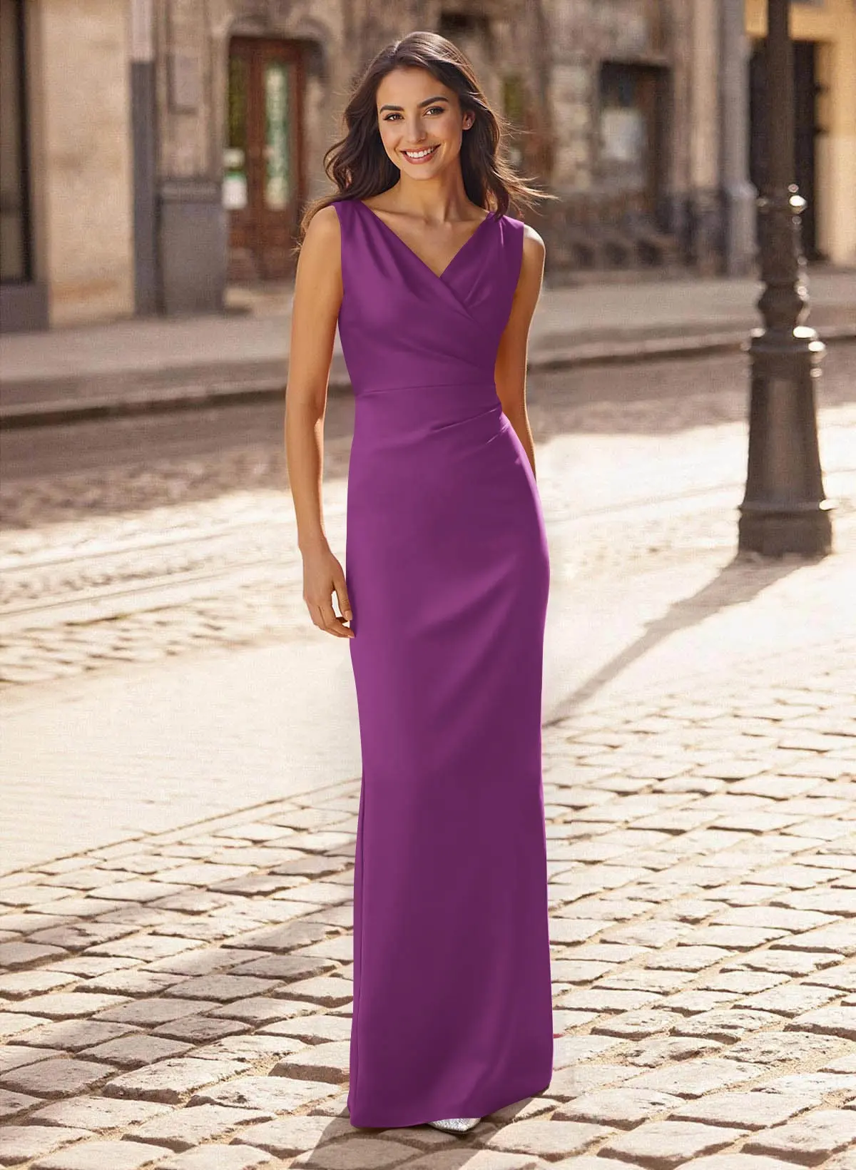Sheath/Column V-Neck Sleeveless Floor-Length Crepe Satin Mother Of The Bride Dresses With Back Slit Sheath/Column V-Neck Sleeveless Floor-Length Crepe Satin Mother Of The Bride Dresses With Back Slit