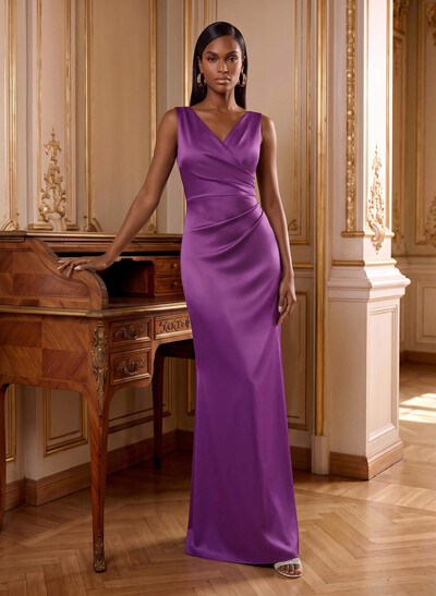 Sheath/Column V-Neck Sleeveless Floor-Length Crepe Satin Mother Of The Bride Dresses With Back Slit