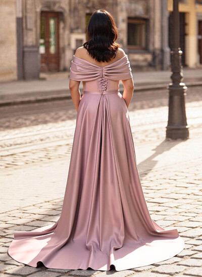 Trumpet/Mermaid Off-The-Shoulder Court Train Satin Mother Of The Bride Dresses With Overskirt Dress