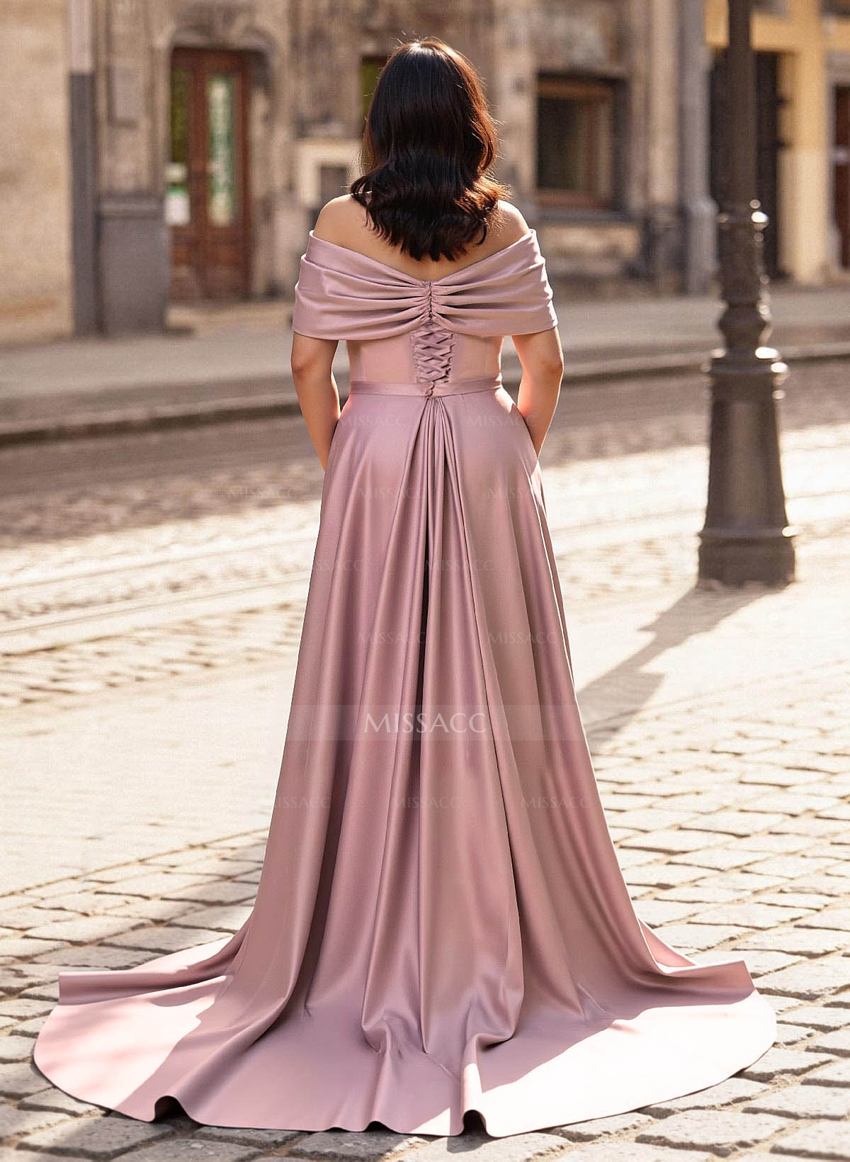 Trumpet/Mermaid Off-The-Shoulder Court Train Satin Mother Of The Bride Dresses With Overskirt Dress