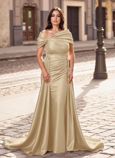 Trumpet/Mermaid Off-The-Shoulder Court Train Satin Mother Of The Bride Dresses With Overskirt Dress